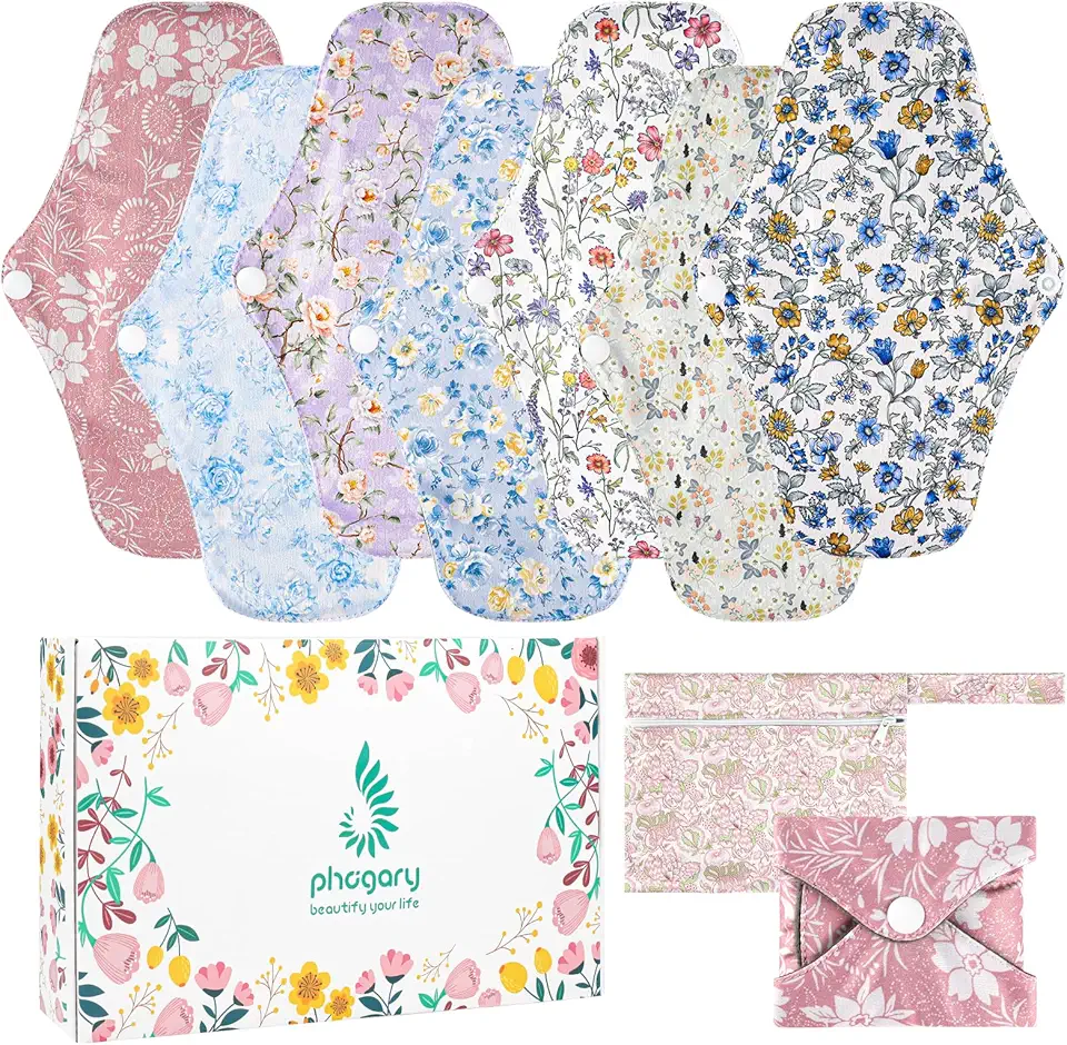 PHOGARY 7 Pcs Reusable Menstrual Pads, Reusable Sanitary Pads for Women, Washable Overnight Cloth Menstrual Pad Heavy Flow with Wet Bag
