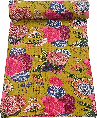 Vista 70 de Marubhumi Colcha Kantha reversible de algodón puro cosido a mano con estampado de frutas indias, edredón Kantha reversible (C verde, Queen