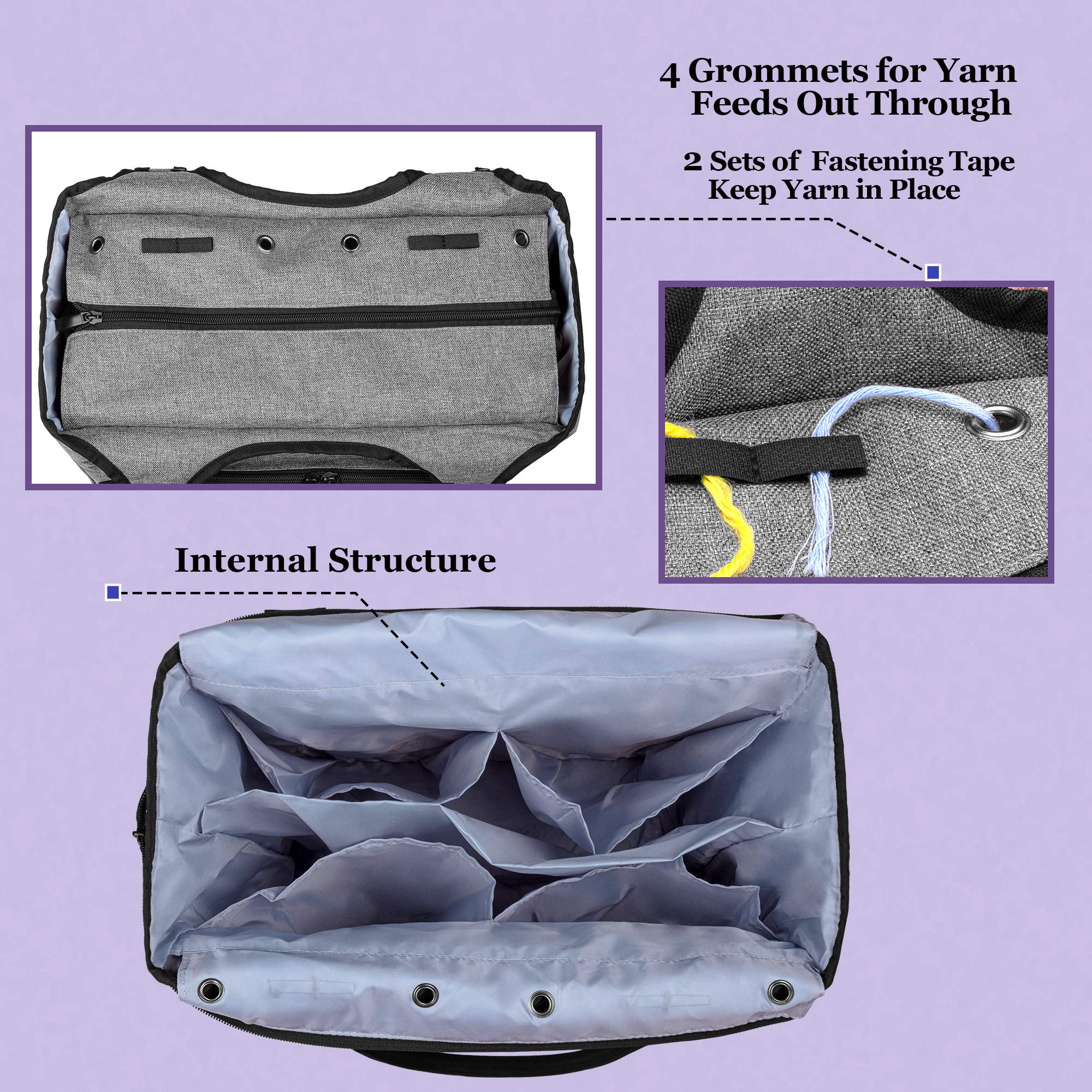 Yarwo Stricktasche zur Aufbewahrung von Wolle, Tasche für Wolle, Aufbewahrungstasche für Häkelnadeln Sets und Stricken Zubehör, Grau mit Pfeilmuster(PATENT ANGEMELDET) | 2 Hauptfächer mit 4 Taschen, 4 Ösen für Garn, Fronttasche, Rücktasche, 2 Seitentasche