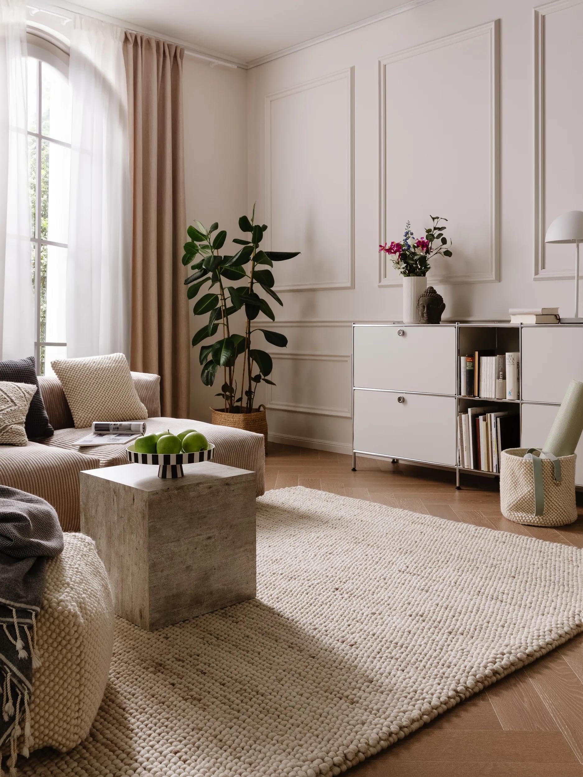 benuta Tapis en pure laine Beads - Laine - Rectangulaire & Style : Uni, Natural Living - Facile d'entretien pour salon, chambre à coucher, beige, 80 x 150 cm