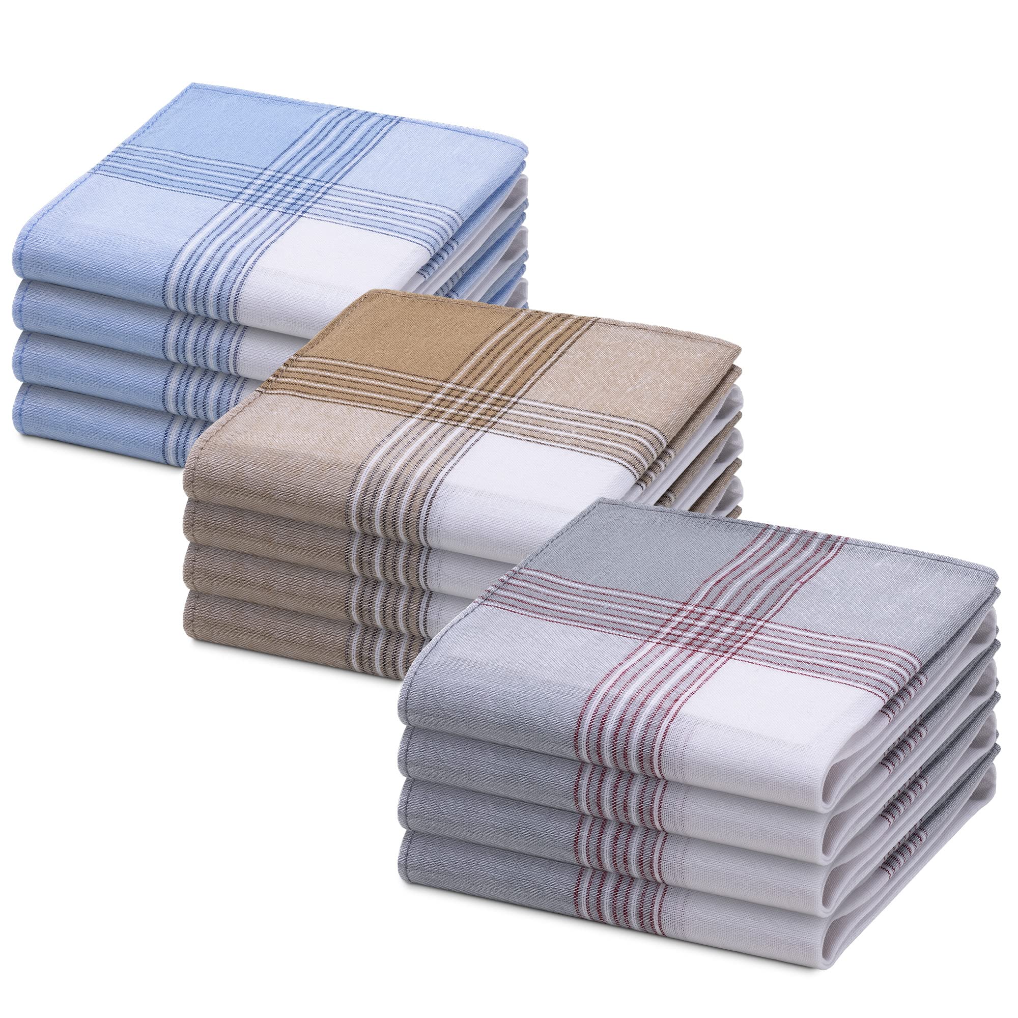 Jeffdad Lot 12 Mouchoirs Homme En Coton 40x40 Cm - Réutilisables, Blanc/Bleu/Kaki/Gris, Traditionnels Et Élégants