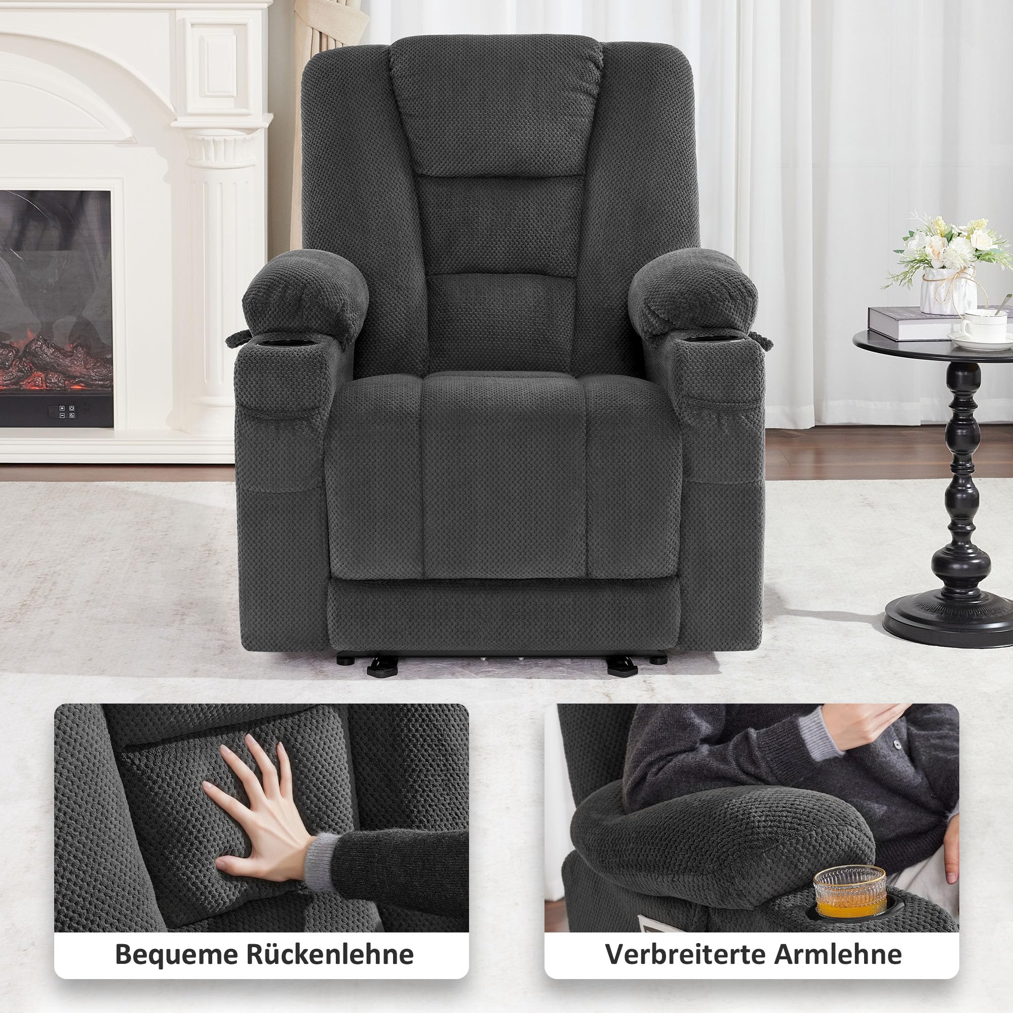 M MCombo Fauteuil TV à réglage électrique, Fauteuil Relax avec Fonction Chaise Longue, Fauteuil TV avec Fonction Massage & Chauffage, USB & Porte-Boissons, Salon, Tissu, 7008 (Gris foncé)