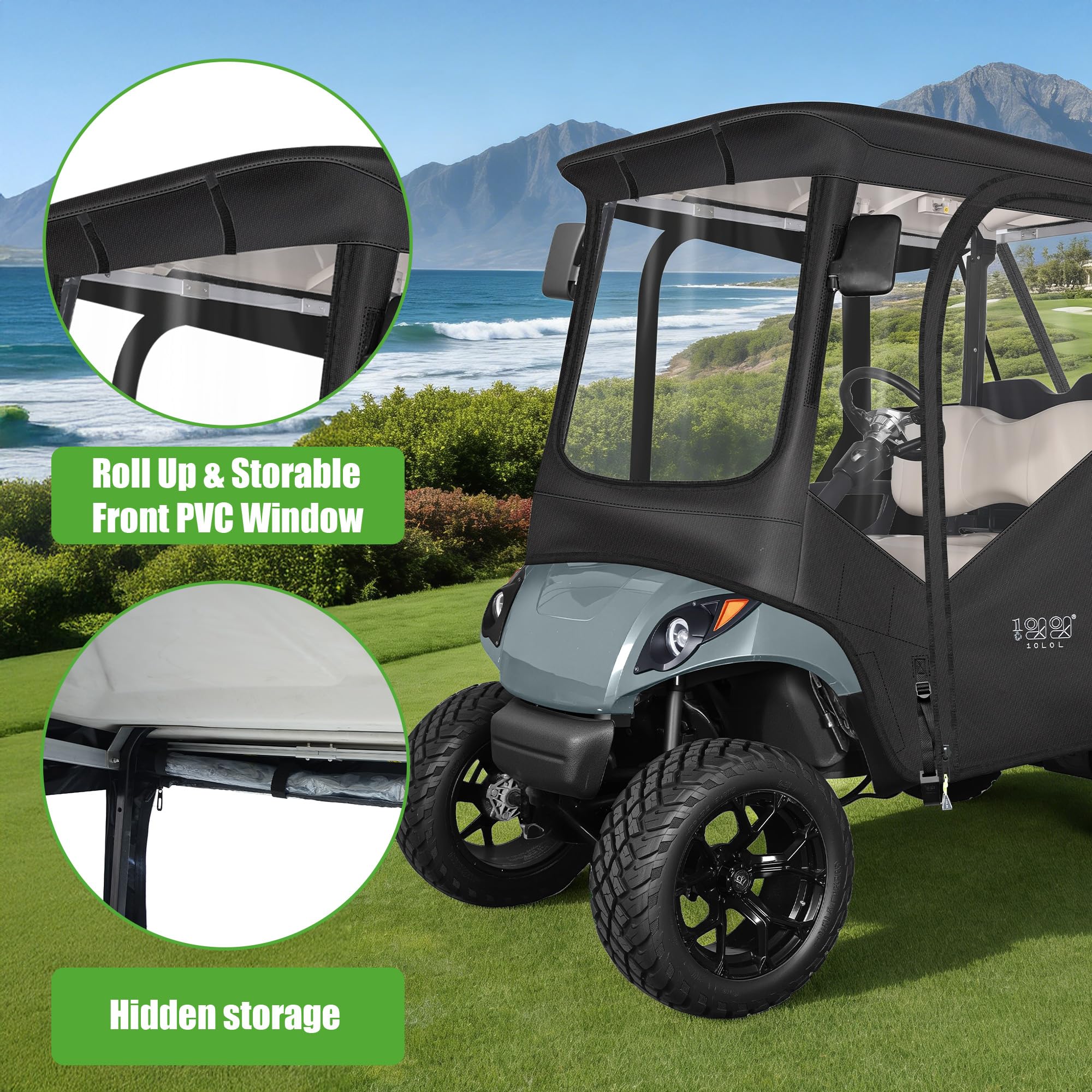 10L0L Obudowa wózka golfowego dla 4 pasażerów pasuje do Yamaha G29 Drive and Drive 2, 600D Heavy Duty 4-osobowa osłona przeciwdeszczowa Yamaha z przezroczystą przednią szybą PCV, wodoodporna tkanina