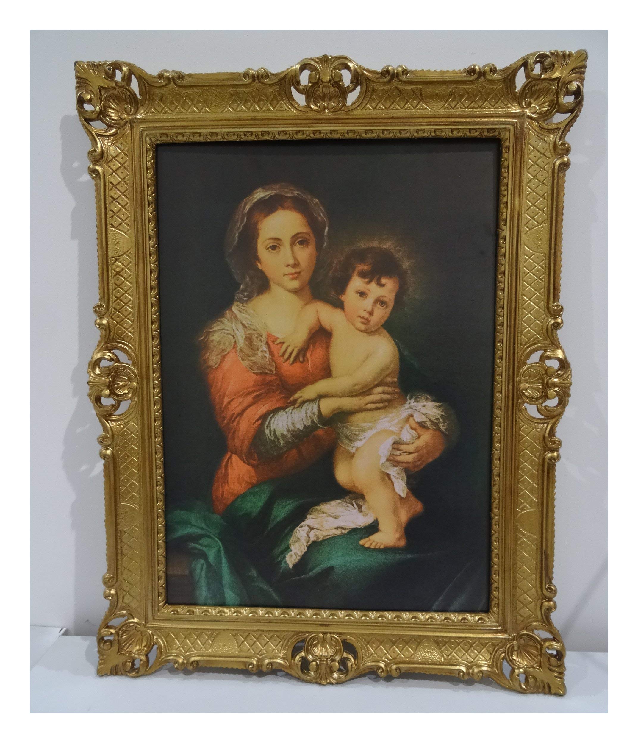 LA VERGINE COL FIGLIO BY MURILLO 90x70cm Antik Barock Rahmen mit Bild Wandbild 70x90cm Kunstdrucke Gemälde Religiöse Bilder Kunst von Heiligen Heiligenbild Retro Repro für Home Büro Praxis Café 58B