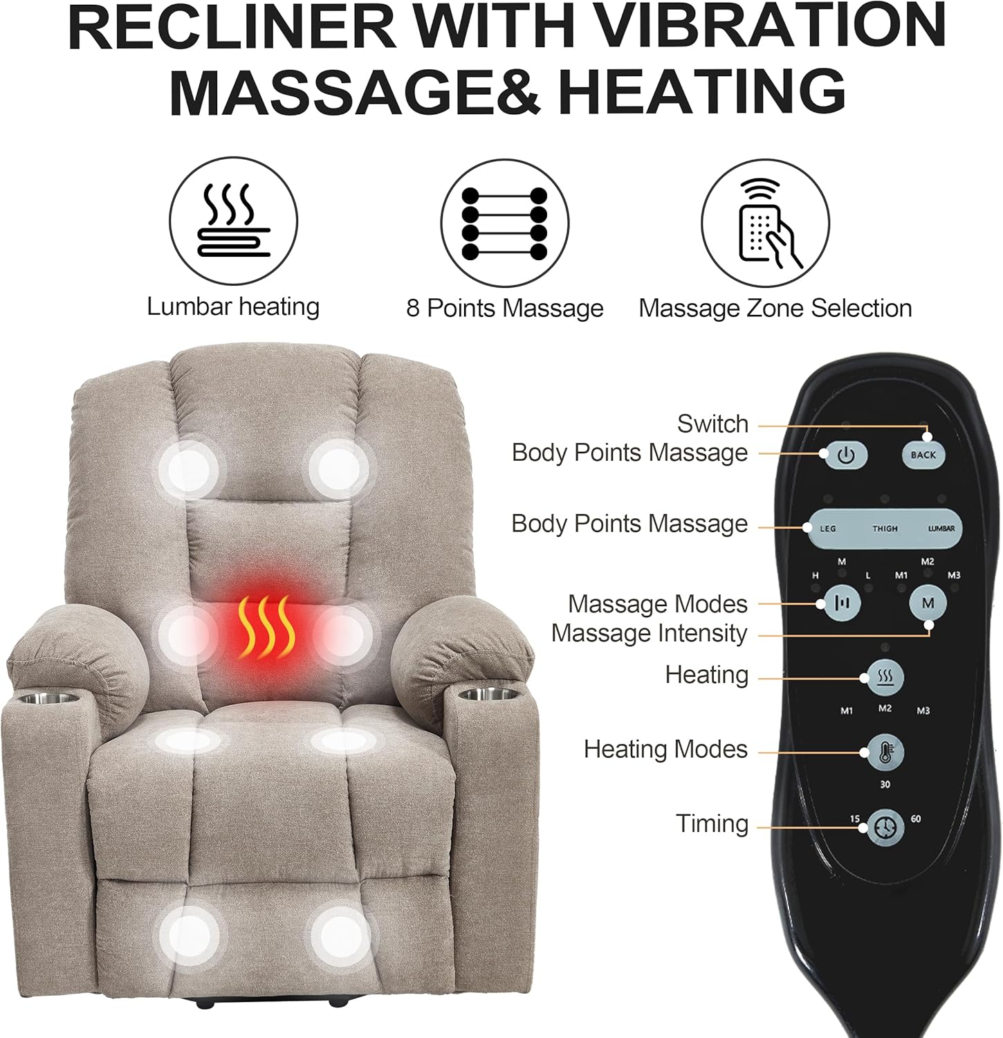 Power Lift Recliner Chair for Elderly, Electric Lift Recliner with Vibration Massage and Lumbar Heating, Single Sofa Reclining Chair with Cup Holders Charging Ports, Polyester Fabric Khaki