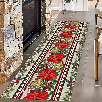 Poinsettia Christmas Decor Entrance Rug, 1.3x7ft, Santa Claus Bell Holly Leaf Indoor Carpet, Farm Pine Cone Cozy Non-Shedding Mat, Low Pile with Non-Slip Backing Carpets for Living Room