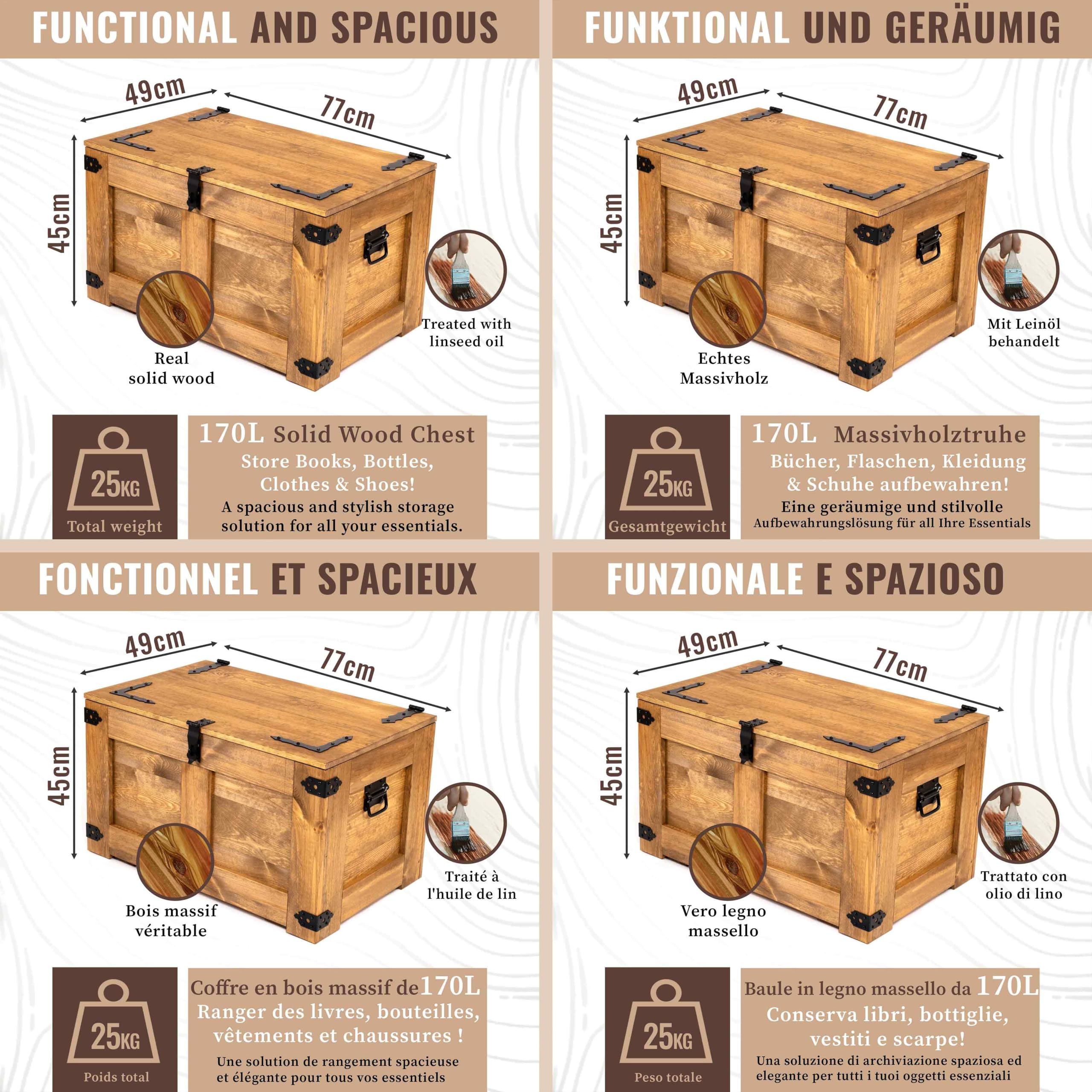 CREATIVE COOPER Scatola di legno, scrigno del tesoro, cassapanca rustica, tavolino da caffè, cassapanca per giocattoli, 77 x 49 x 45 cm, realizzata a mano, olio di legno Eco marrone