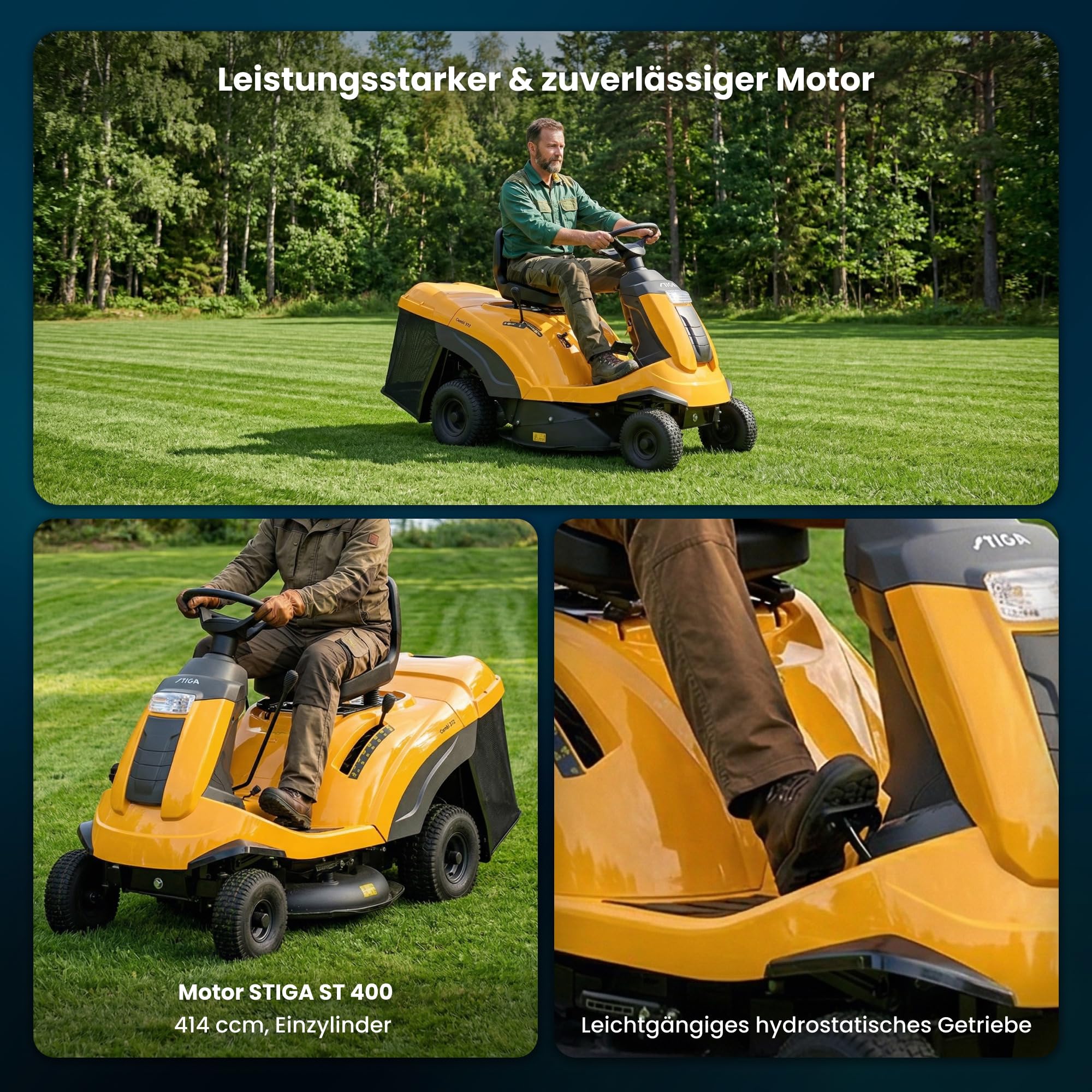 STIGA Combi 372 Aufsitzmäher, 414 cc, 72 cm, 170 L – Hydrostatisches Getriebe, Mulchfunktion – Rasenflächen bis 2.500 m²