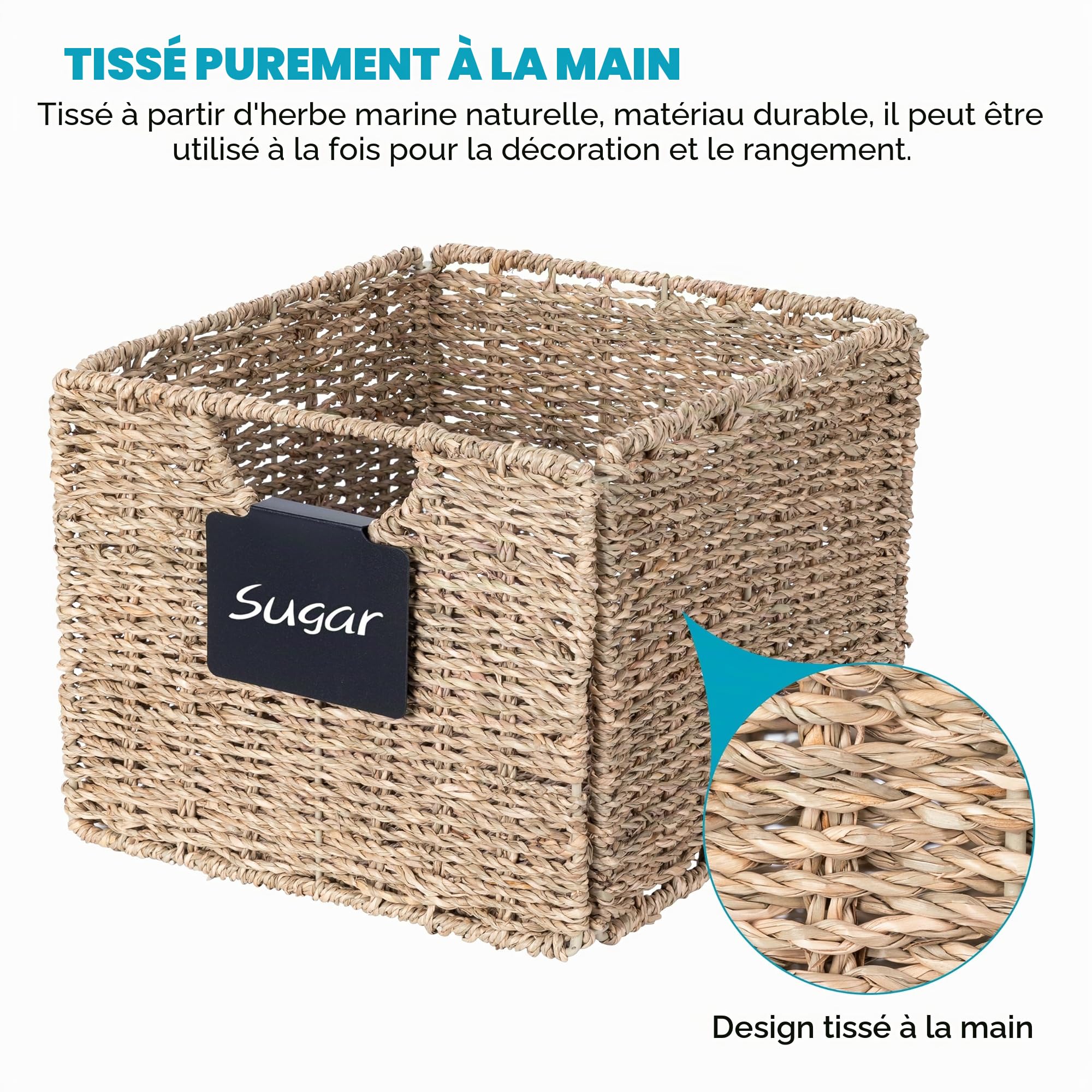 Lot de 4 paniers de rangement rectangulaires en jonc de mer - Panier de rangement pliable en osier naturel tressé - Panier d'étagère en osier - Pour salle de bain, salon - 26,5 x 24 x 19 cm