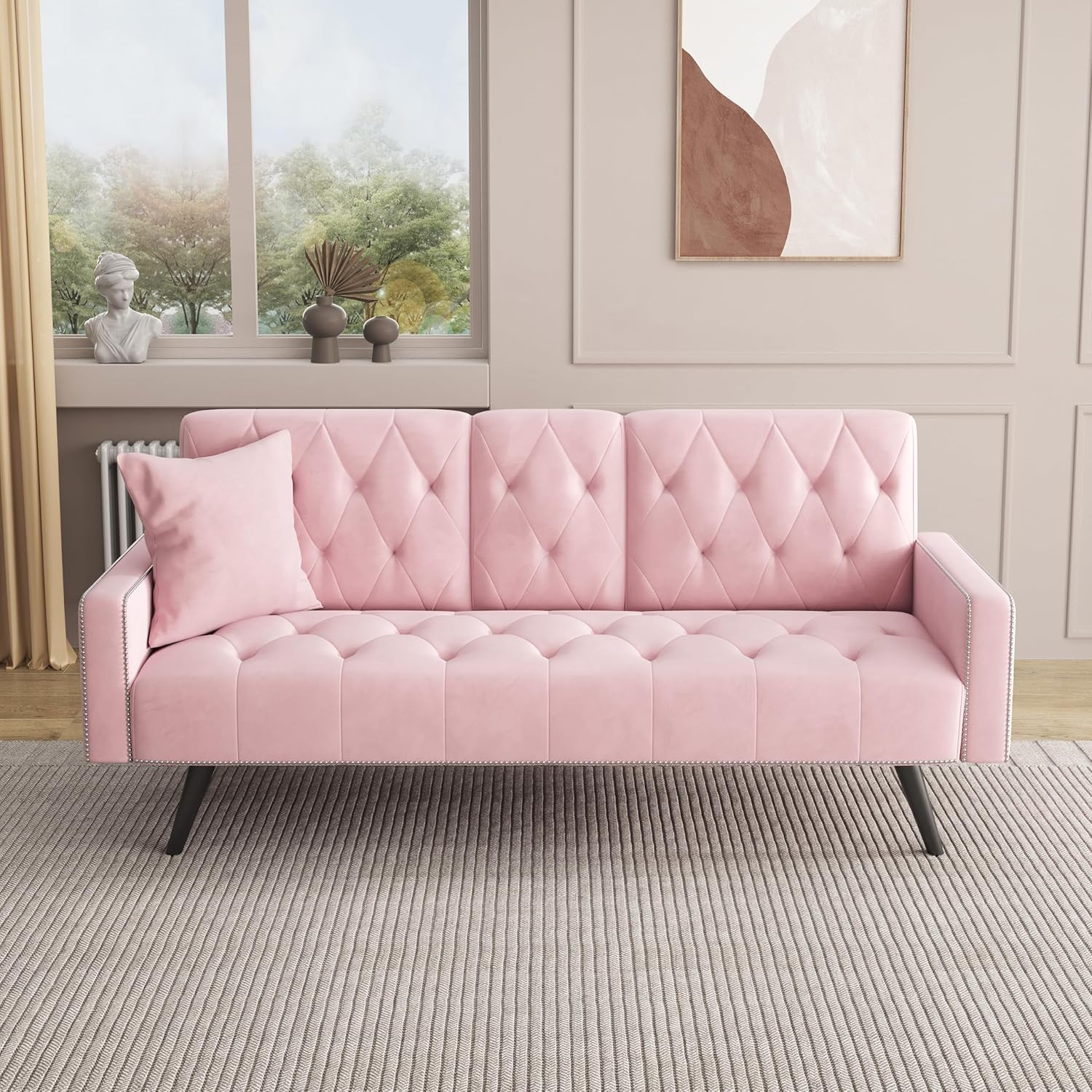 KEIKI 72" Velvet Loveseat Sofa Bed with Nailhead Accents & Tufted Backrest, 3-in-1 Convertible Sleeper with Cup Holders for Small Spaces, Pink