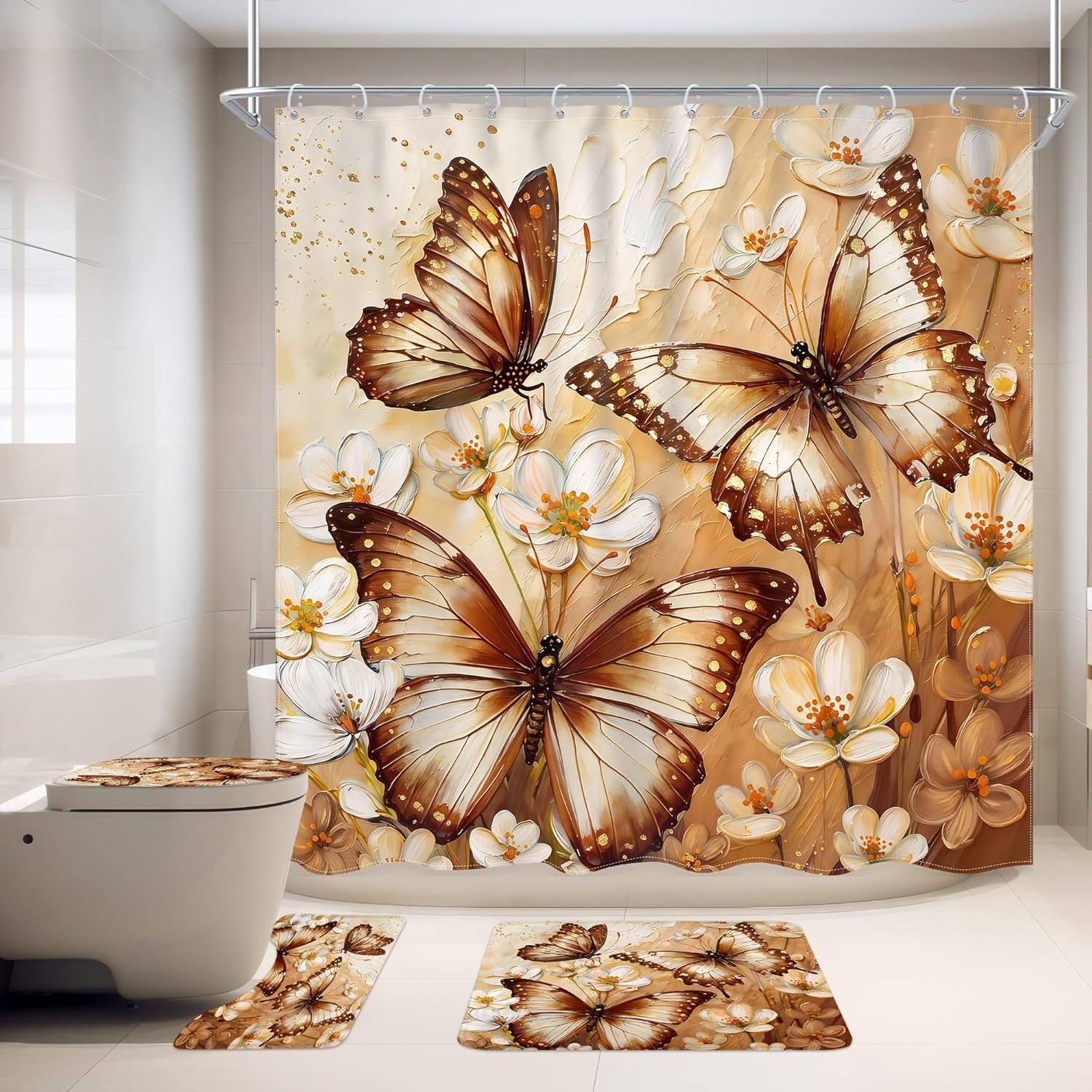 4 PCS Brown Butterfly Bathroom Set with Shower Curtain and Rugs 72Wx72H Inch Floral Flower Pretty Non-Slip Bath Rug Toilet Lid Cover and U Shape Mat Accessories 12 Hooks Bathoom Decor
