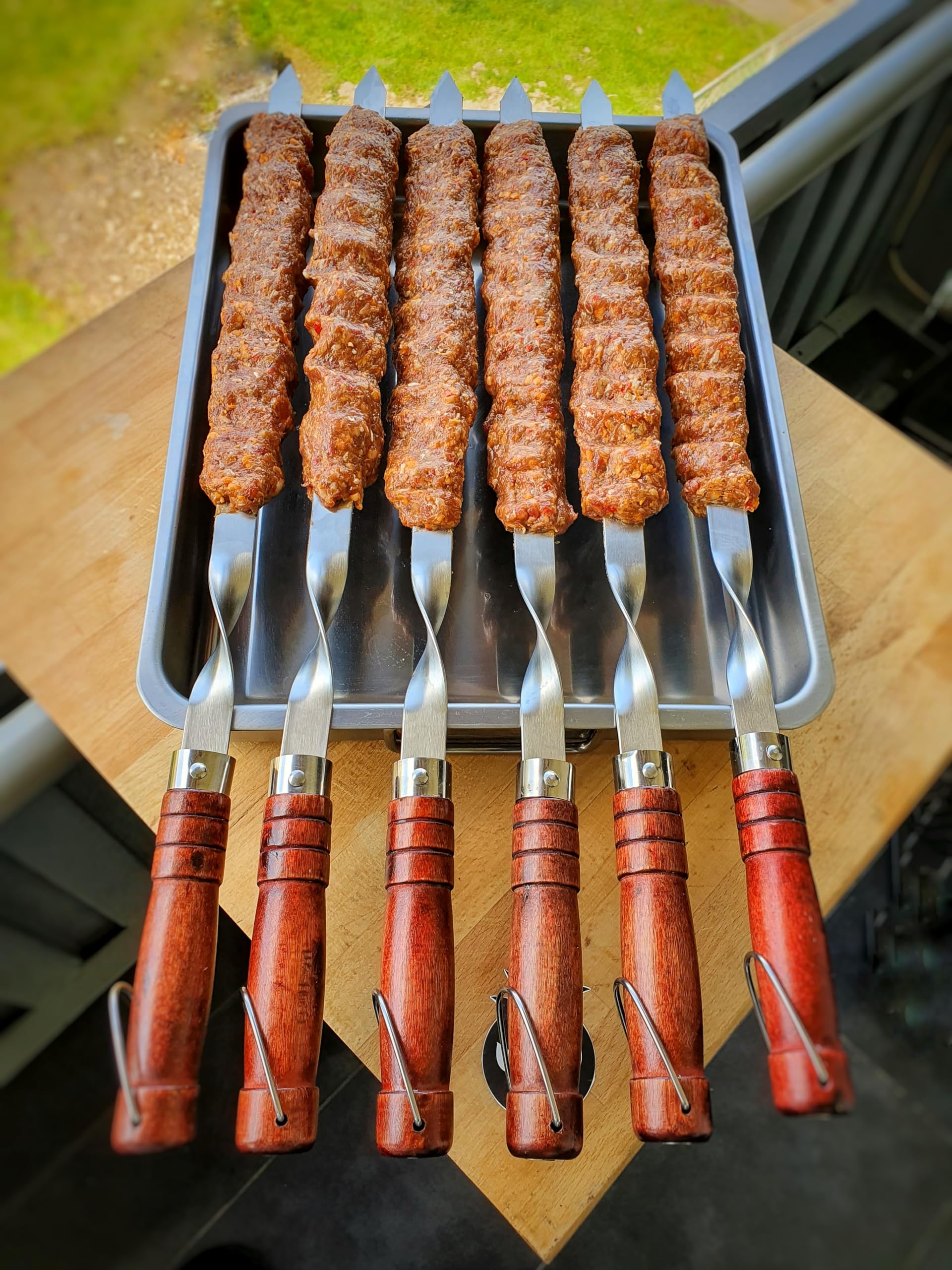 6 Edelstahl Grill-Spiesse mit Holzgriff - 60cm lang / 2cm breit / 2mm Stark - Lula Lulu Kebab Adana Tschelo Köfte