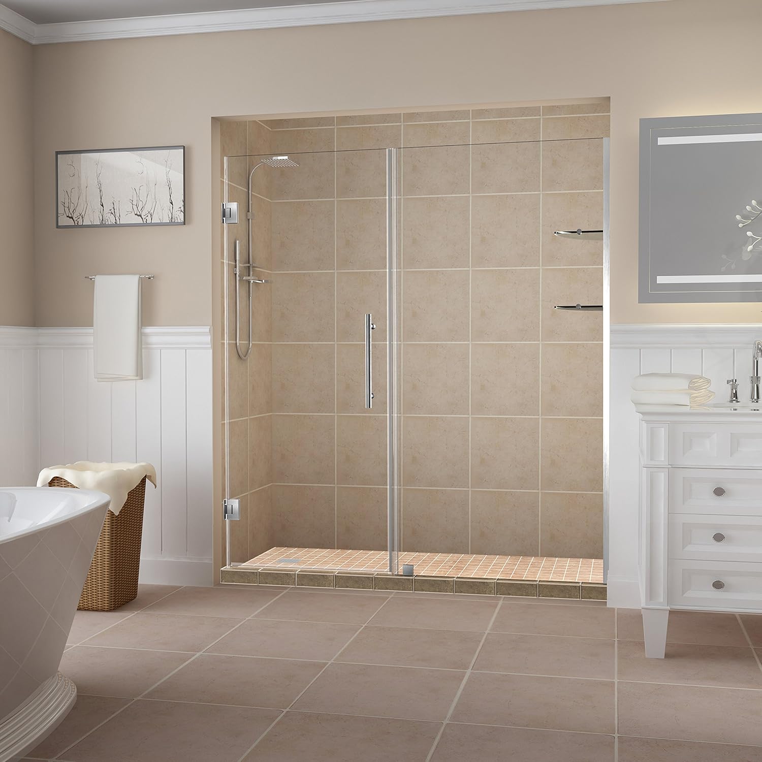 Aston SDR960EZ-SS-7038-10 Belmore GS Frameless Hinged Alcove Shower Door with StarCast Clear Glass and Shelves, 69.25" to 70.25" x 72", Stainless Steel