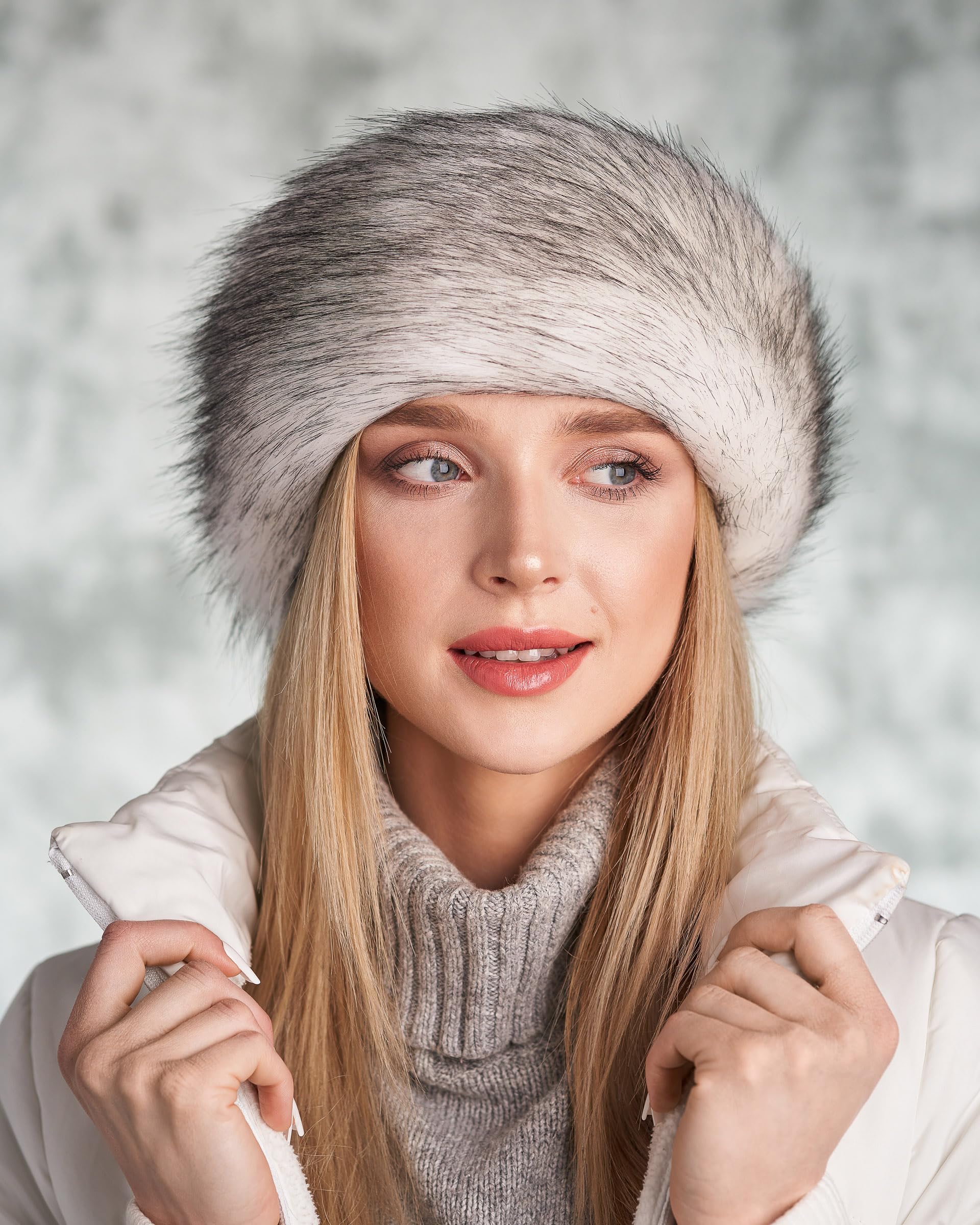 Futrzane Classic Headband - Faux Fur Headbands for Women - Furry Band for Winter - Size L (White with Black Classic) - Image 2