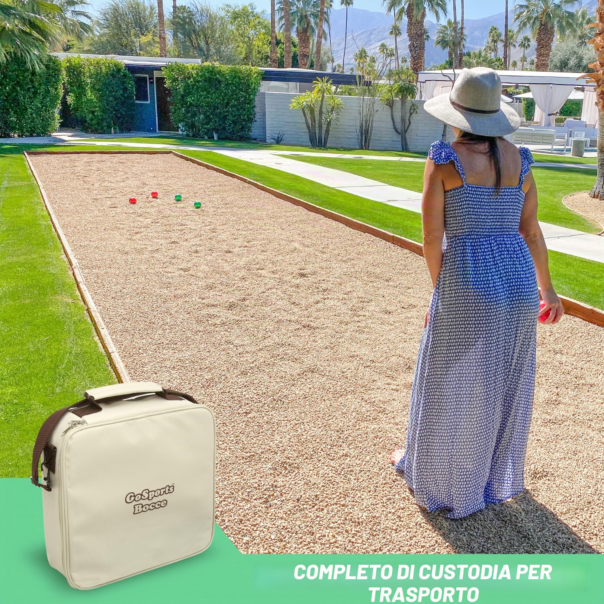 GoSports Set di bocce regolamentari da 100 mm con 8 bocce, pallino, custodia e corda di misurazione, set ufficiale di alta qualità