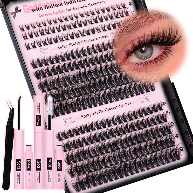 Kit Goddvenus de cílios postiços em tufos C Curl com cílios inferiores, adesivo e pinça