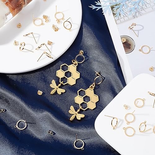 Miniatura 5 de Beebeecraft 1 caja de 20 aretes chapados en oro de 18 quilates con bucle, aretes geométricos de círculo simple con 20 piezas de mariposa en la parte