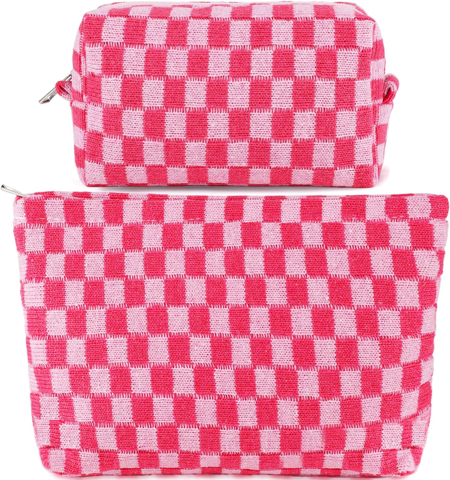 2Pcs Checkered Makeup Bag for Women Large Cosmetic Bag Set Travel Toiletry Bag Makeup Pouch Bag for Purse Pink Zipper Storage Bag Organizer Cute Small Aesthetic Girls Car Essentials Bag