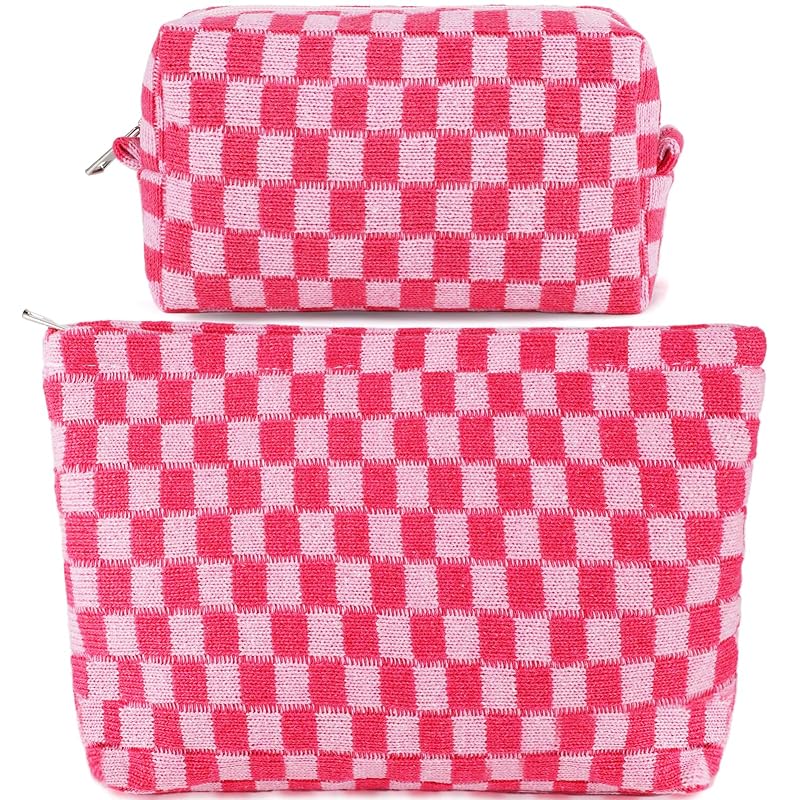 ZLFSRQ Conjunto com 2 necessaires de maquiagem xadrez, rosa, com zíper