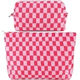 ZLFSRQ 2Pcs Makeup Bag Checkered Cosmetic Bag Set Travel Toiletry Bags for Purse Large Small Makeup Pouch for Women Cute Preppy Pencil Pouch Case Pink Zipper Skincare Bags