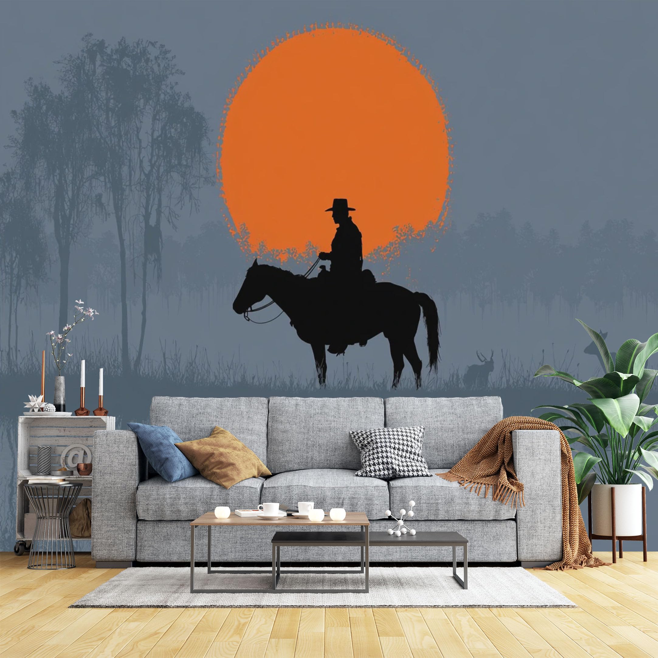 Custom Size Wall Murals Cowboy Silhouette at Sunset Wall Murals Western Landscape Wallpaper, Wall Covering Fabric Self-Adhesive Removable Wallpaper for Office