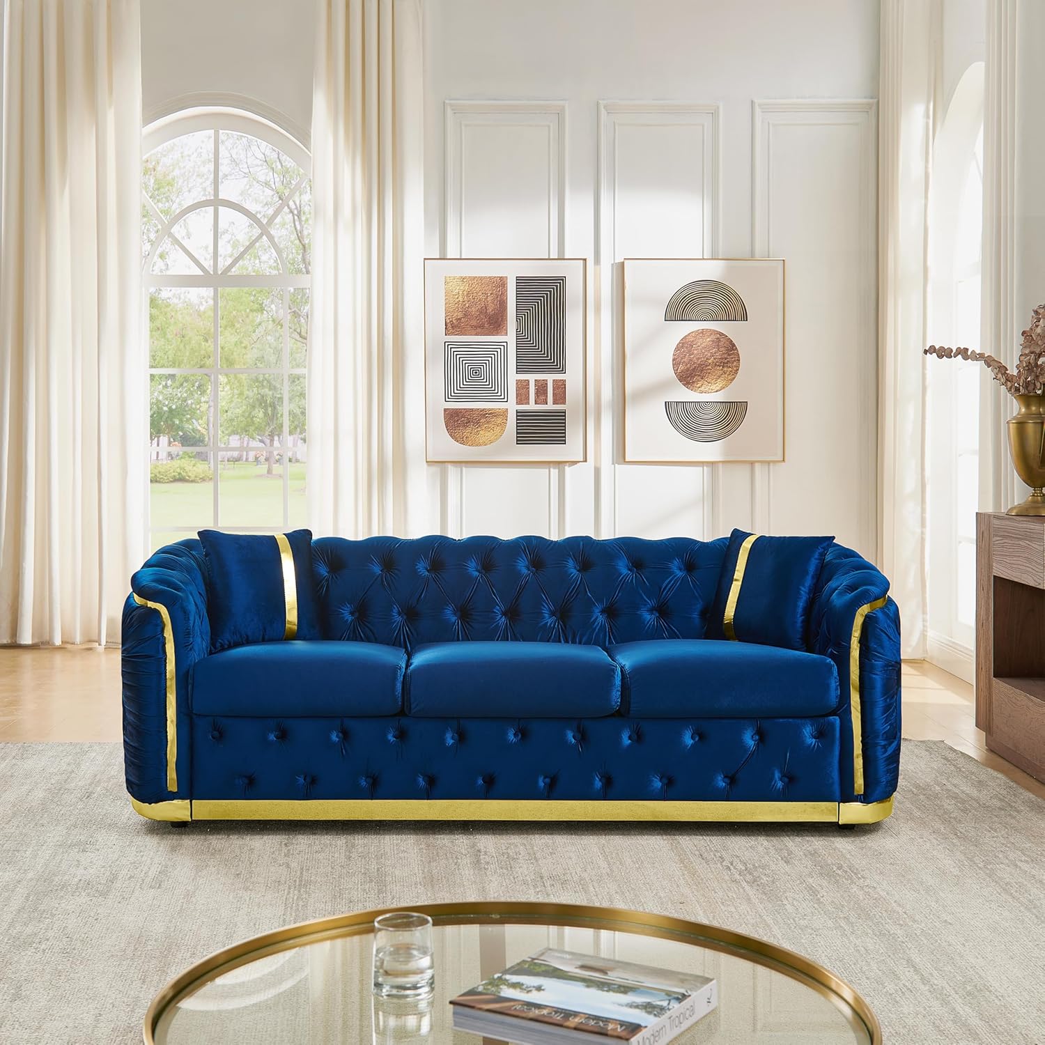 KEIKI 85″ Luxury Oversized Velvet Chesterfield Sofa with 2
