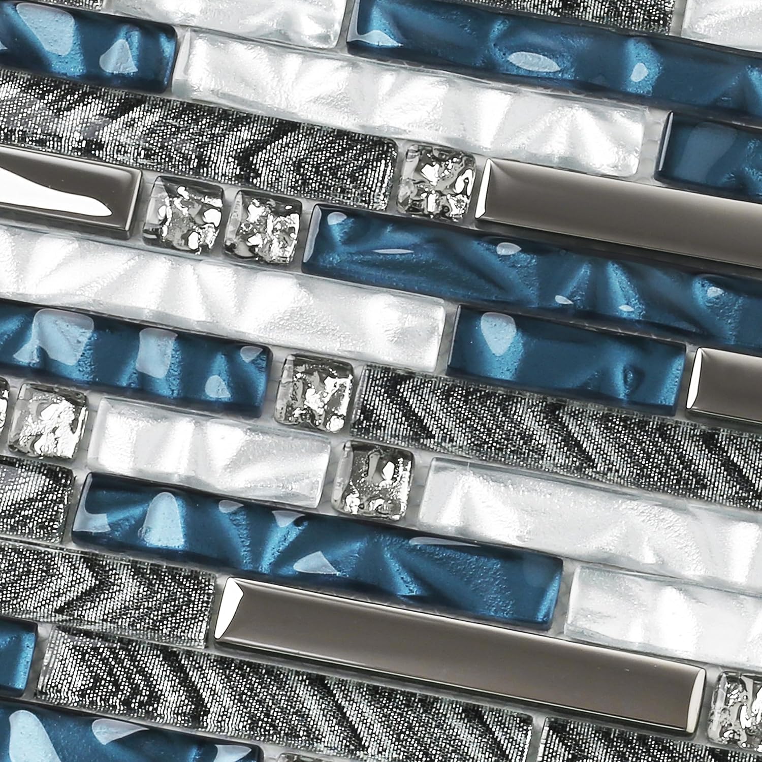 Glass Linear Wall Tile Teal Blue White Mosaic Sheets for Kitchen Bathroom Backsplash [Set of 5]