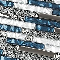 Vista 2 de Azulejos de pared lineales de vidrio, azulejos de mosaico blanco y verde azulado para cocina, baño, protector contra salpicaduras [juego de 5]