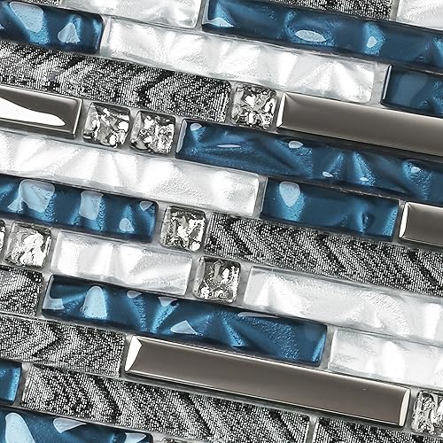 Miniatura 2 de Elephantile Azulejos de pared lineales de vidrio, azulejos de mosaico blanco y verde azulado para cocina, baño, protector contra salpicaduras juego