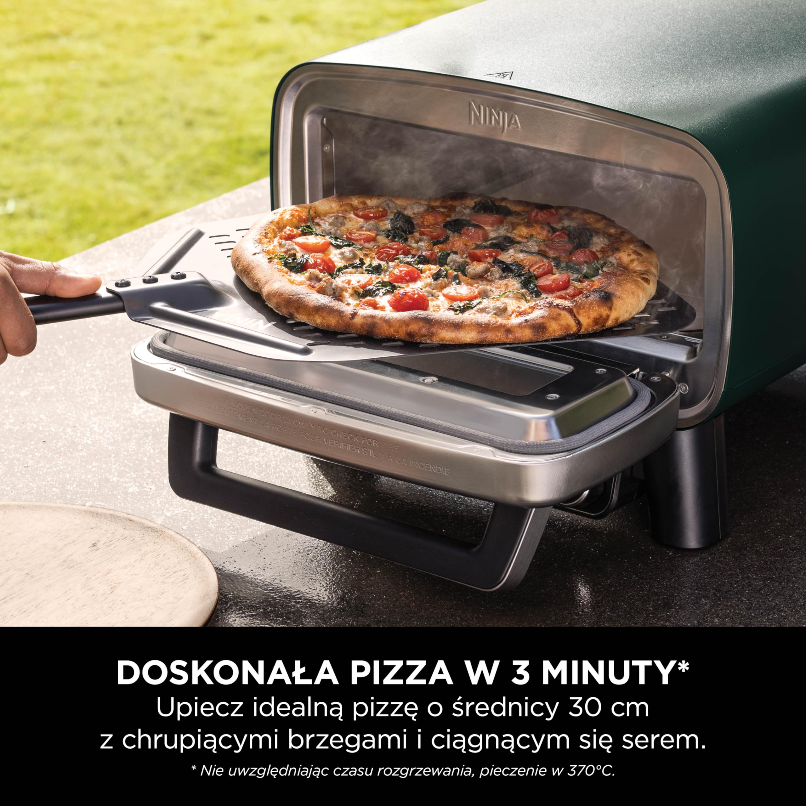 Ninja Artisan elektryczny zewnętrzny piec do pizzy i frytkownica beztłuszczowa z 4 funkcjami gotowania, deska do serwowania, nóż, kamień do pizzy 30 cm, łopata, blacha i kosz, zielony MO201AMZEU
