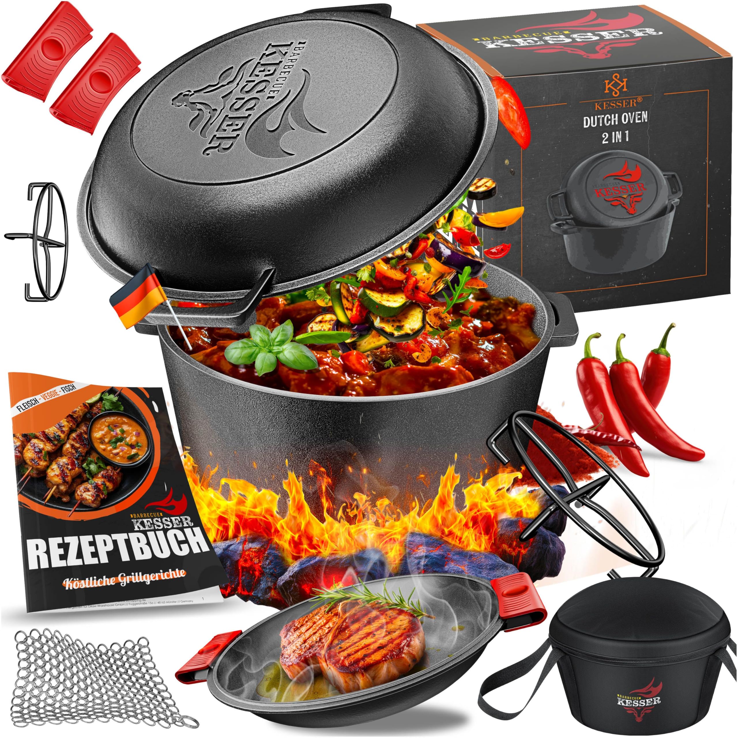 KESSER® Forno Olandese pentola in ghisa 2in1 da 4,8 l e padella da 1,8 l pronta per l'uso incl. Ricettario Casseruola Coperchio/padella a doppia funzione