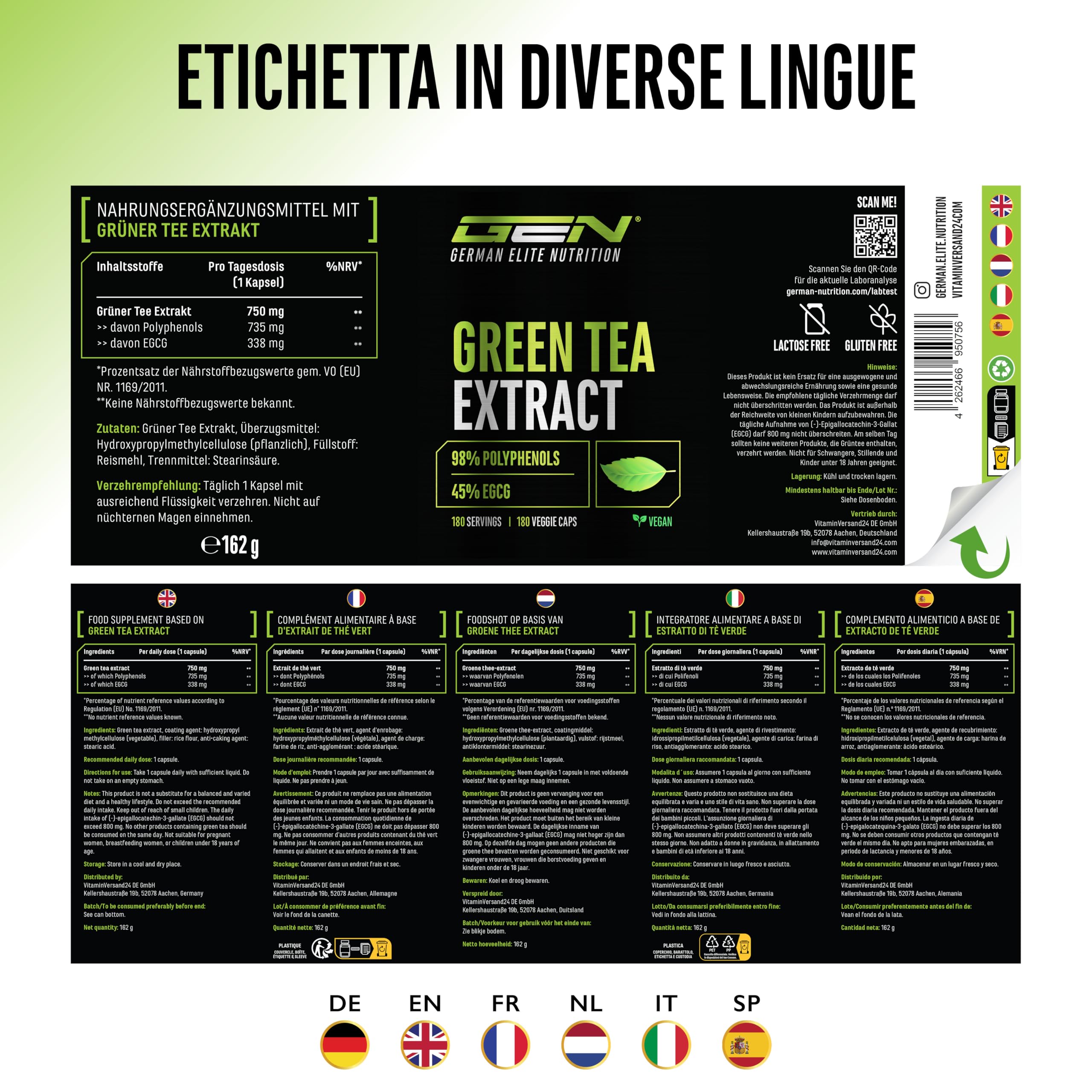 Estratto di tè verde - 180 capsule - Dosaggio extra elevato con 750 mg di estratto di tè verde per capsula - 95% di polifenoli e 45% di EGCG - Senza additivi superflui - Vegano