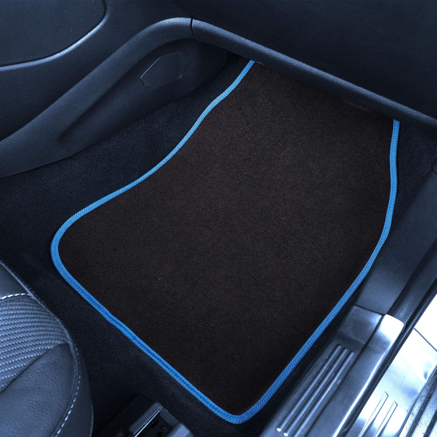 FH Group Color-Trimmed Non-Slip Carpet Car Floor Mats with Rubber Heel Pad – Universal Fit for Sedan, SUV & Truck – Full Set Blue/Black