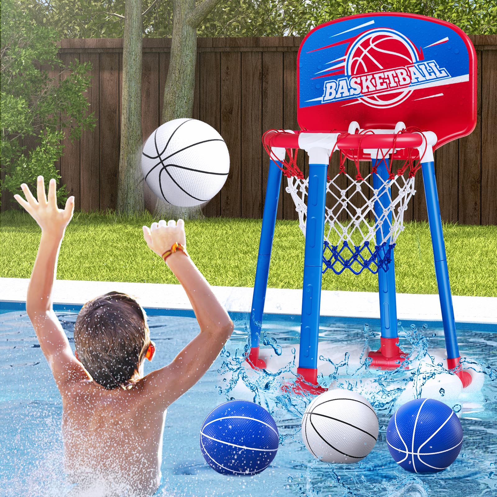 HYES Pool Basketball Hoop Poolside with Backboard, Floating Pool Toys with 4 Basketballs/4 Water Balloons/Pump, Swimming Pool Games for Kids & Adults Indoor Outdoor Play, Red