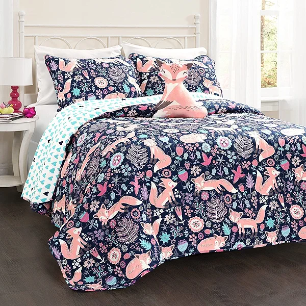 Lush Decor Pixie Fox Reversible Quilt Set, 4 Piece Set, Full/Queen, Navy & Pink - Fun Lightweight Twin Bedding for Kids - Girls Pink Bedroom Decor
