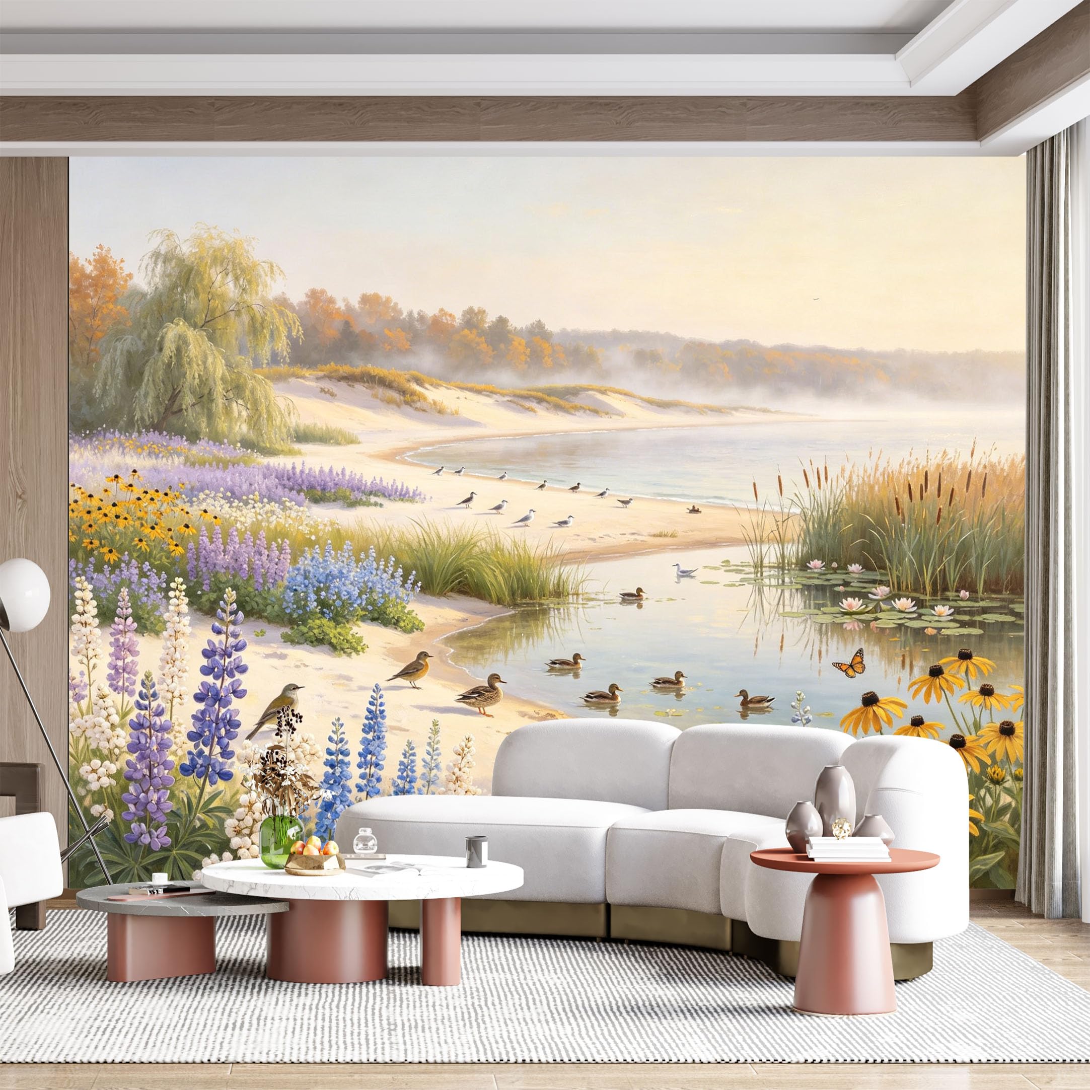 Custom Size Wall Mural Serene Lakeside Landscape Floral Birds Ducks Watercolor Painting SelfAdhesive Wall Fabric Removable for Home Office Decor
