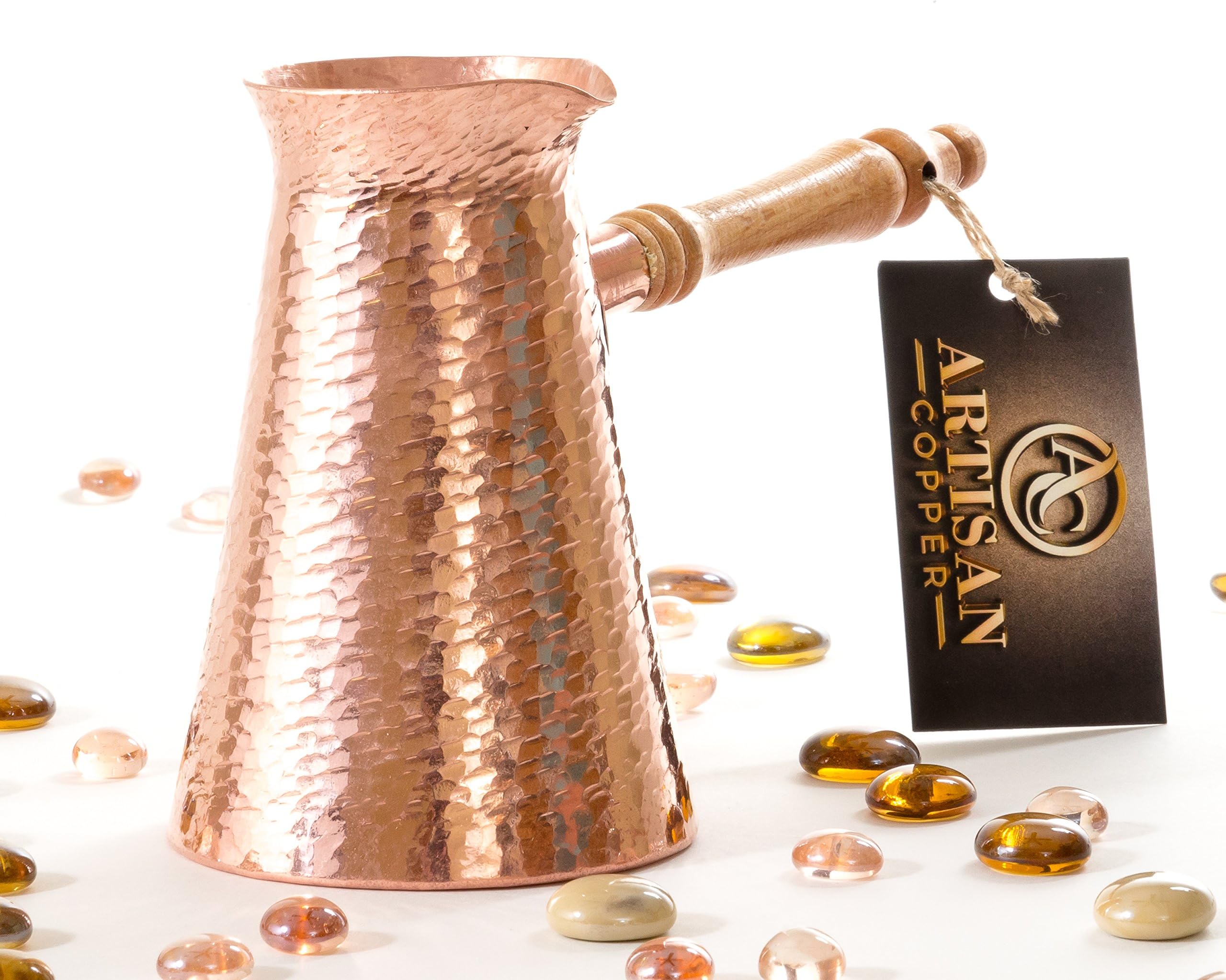 Hammered Pure Copper Turkish Coffee Pot with Silver Lining - Handmade Cezve (16oz)