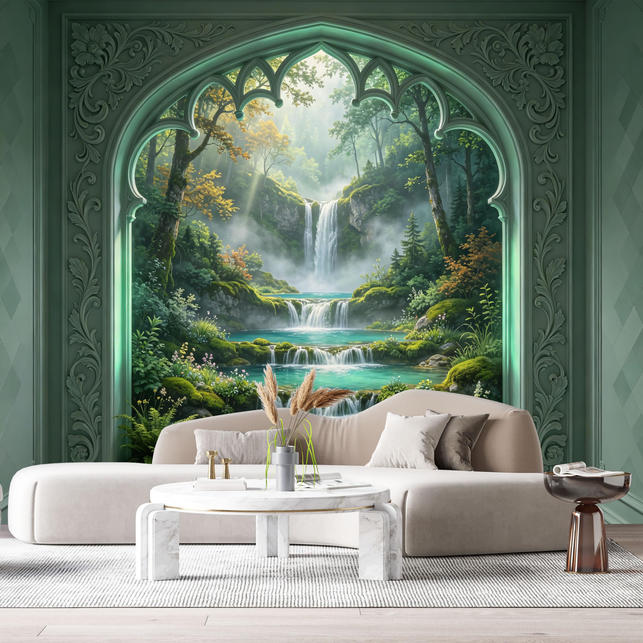 Custom Size Wall Murals Gothic Window Fantasy Waterfall Forest Landscape 3D Trompe L'Oeil SelfAdhesiveWall Fabric Removable Wallpaper Wall Decor for Living Room Bedroom Bathroom