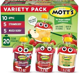 Mott's No Sugar Added Applesauce Variety Pack, 20 Pouches - Apple, Strawberry, Mixed Berry, Real Fruit, Gluten-Free Snacks