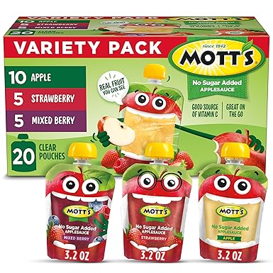 Mott's No Sugar Added Applesauce Variety Pack, 3 Flavors – Apple, Strawberry & Mixed Berry, Made from Real Fruit, No Artificial Flavors, 3.2 oz Clear Pouches, 20 Pack