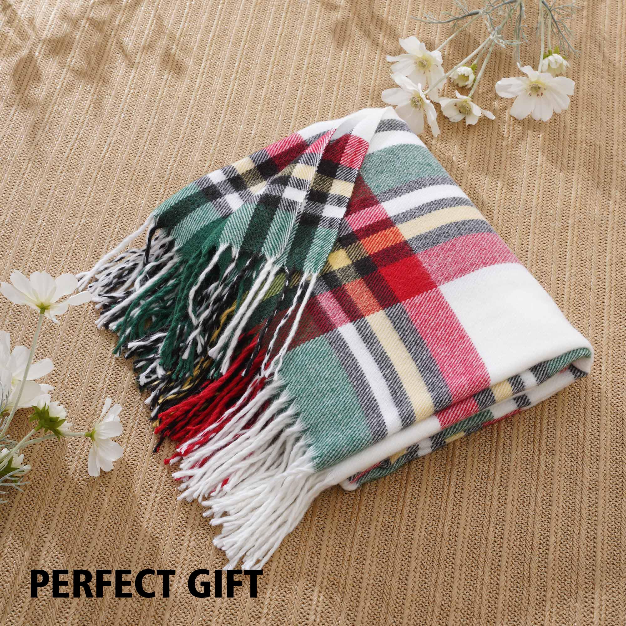 BATTILO HOME White Green Plaid Throw Blanket for Couch Bed Decorative Red Green Sofa Throws - Image 2