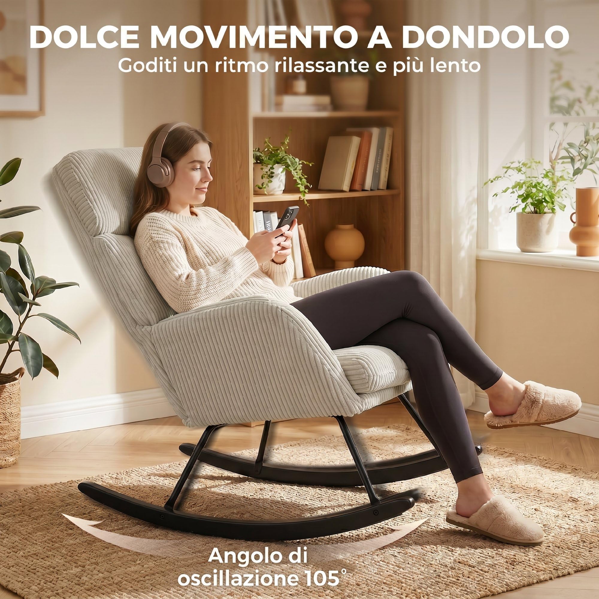 HOMCOM Sedia a Dondolo in Velluto a Coste con Schienale Alto, Beige