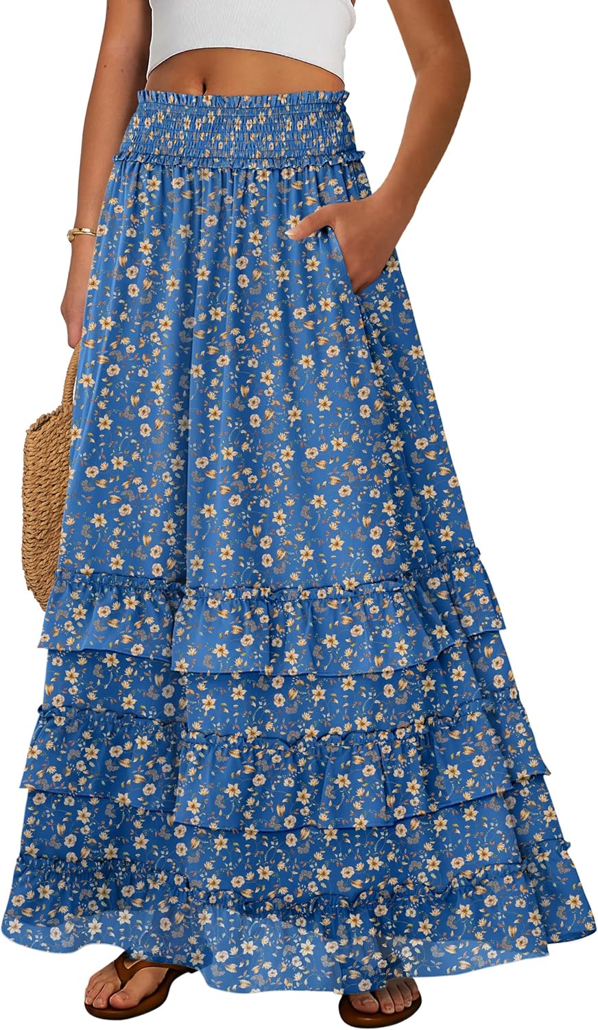 ANRABESS Maxi Skirts for Women Summer Boho Tiered Flowy Elastic High Waist Beach Long Skirt Casual Spring Vacation Outfits