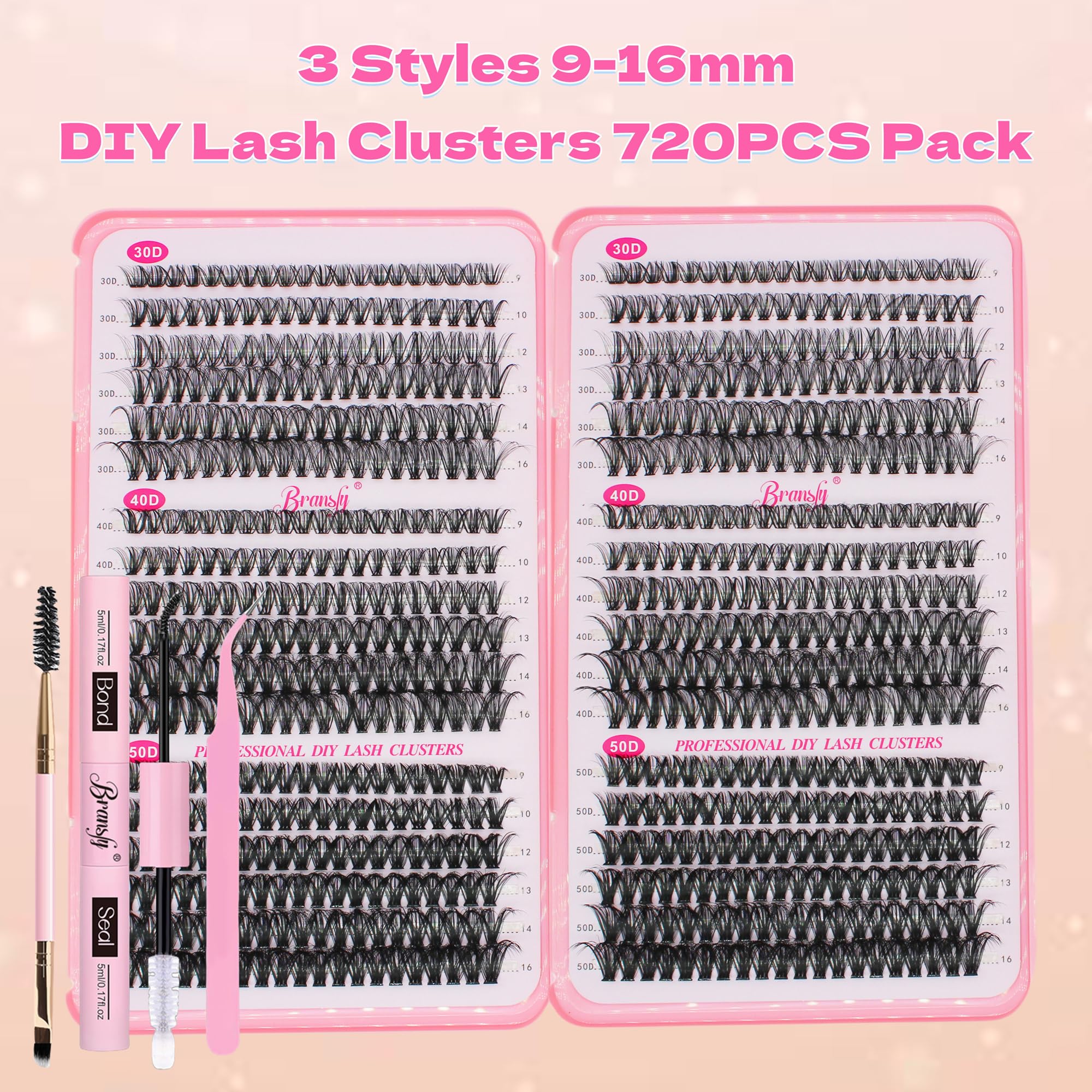 Bransfy 3 Styles 720pcs Lash Clusters Kit DIY Lash Extension Kit D Curl Eyelash Extensions 9-16MM Cluster Lashes with Waterproof Lash Bond and Seal Tweezers(30D+40D+50D,Kit) - Image 2