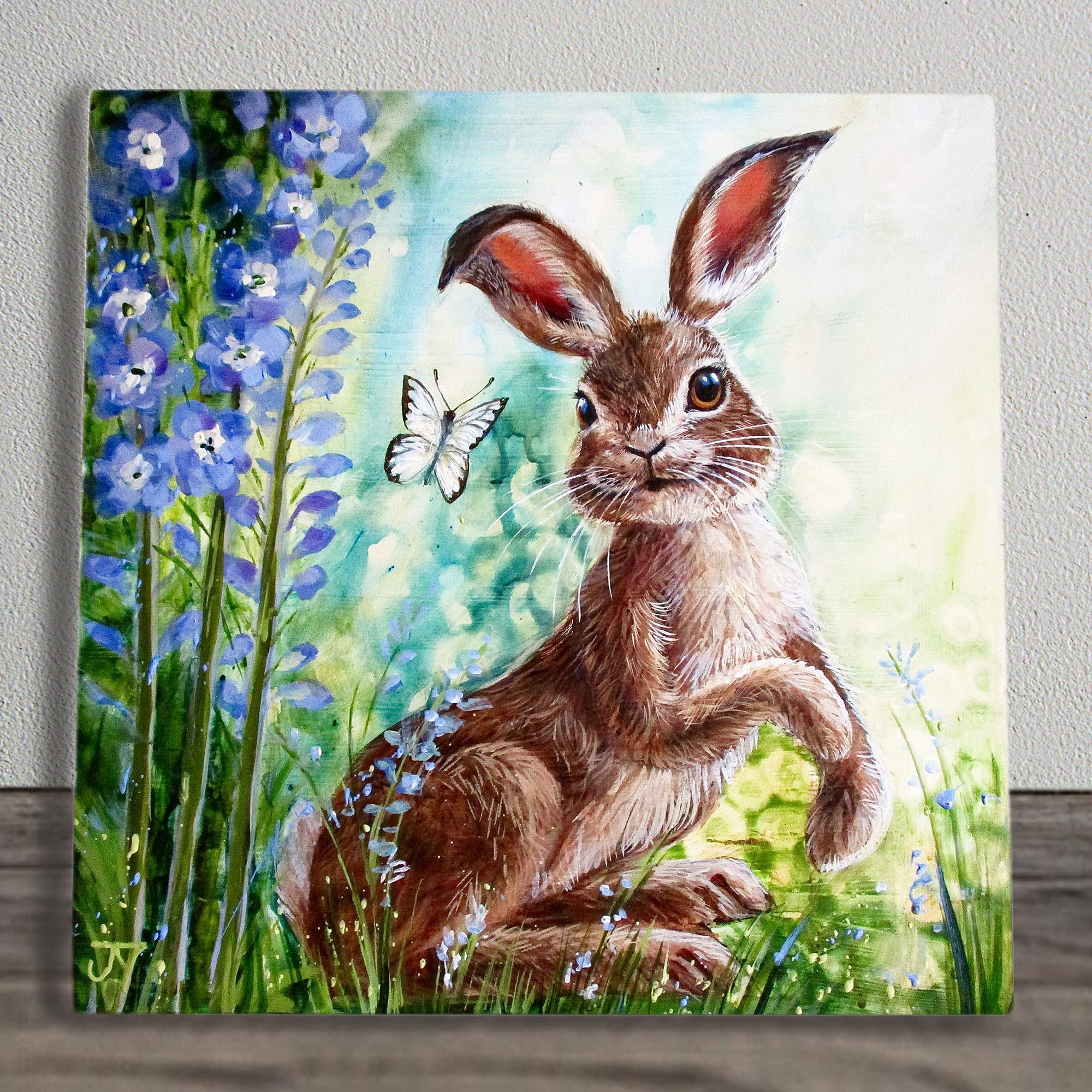 Blue, Green, Brown Delphinium Hare Ceramic Picture Tile Artwork By Judith Yates Hanging Wall Art Home Décor