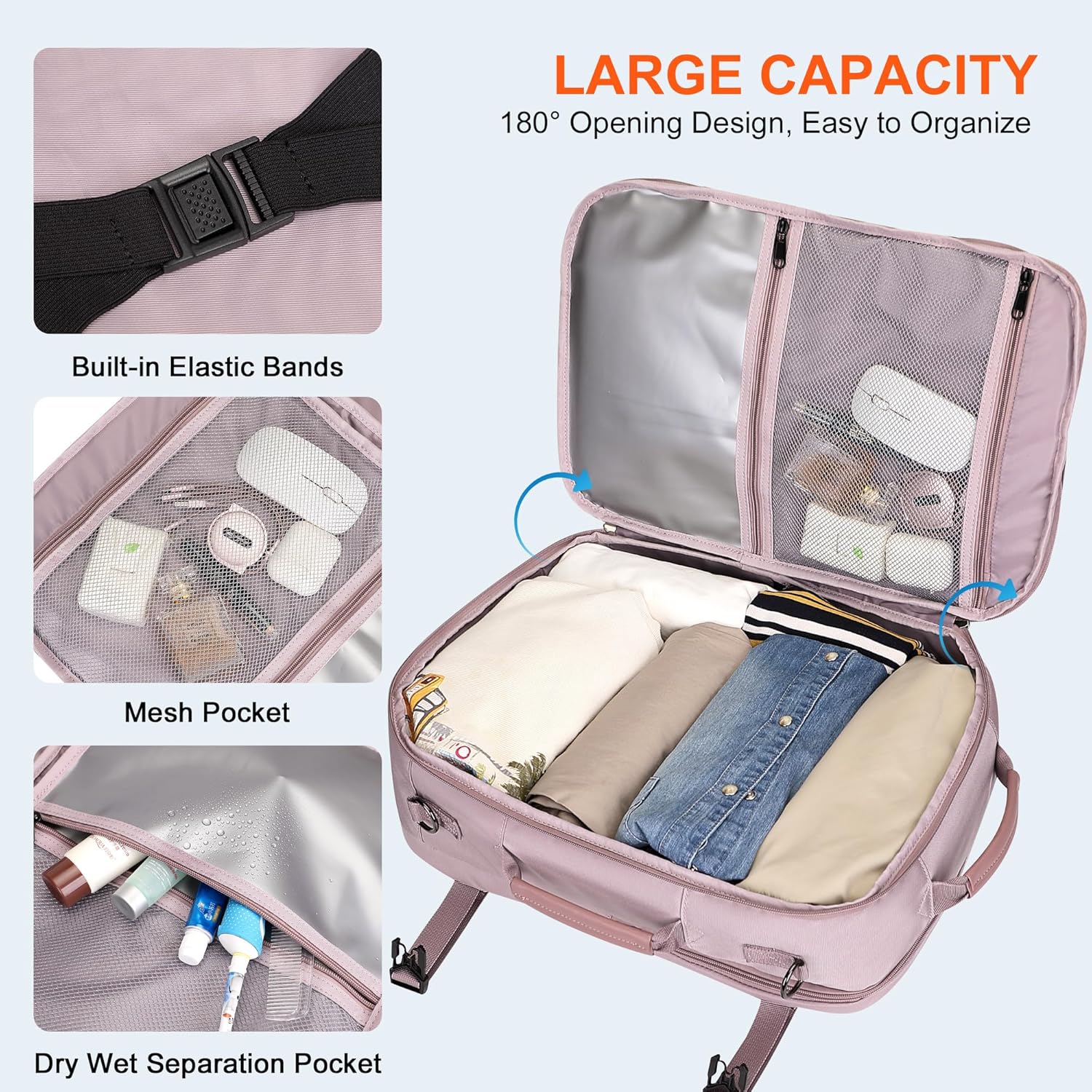 PIJUSHI Travel Backpack for Women Carry on Suitcase Backpack Flight Approved Personal Item Bag Fits 16 Inch Laptop(PE035 Light Purple) - Image 3