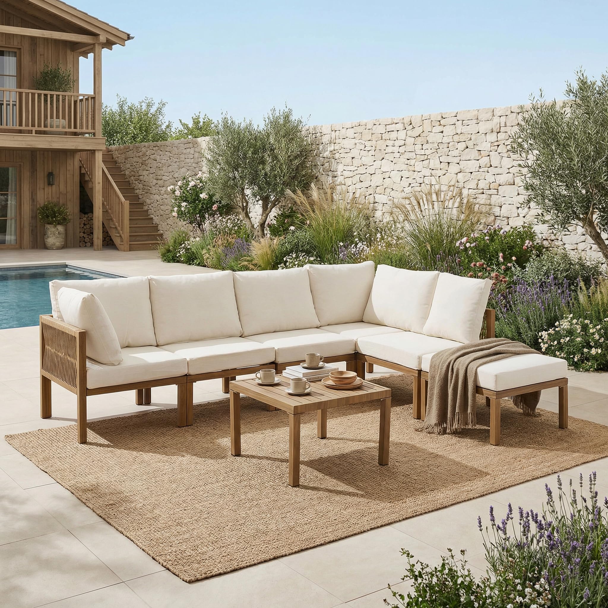 Salon de jardin - Canapé d'angle - Lit relax d'extérieur, table à manger - Peut être transformé en lit allongé - Canapé modulaire - Beige