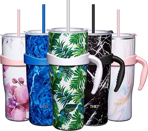 Miniatura 1 de THILY Vaso de acero inoxidable aislado al vacío de 40 onzas, taza de viaje para café con asa y tapa, reutilizable, a prueba de sudor, mantiene las