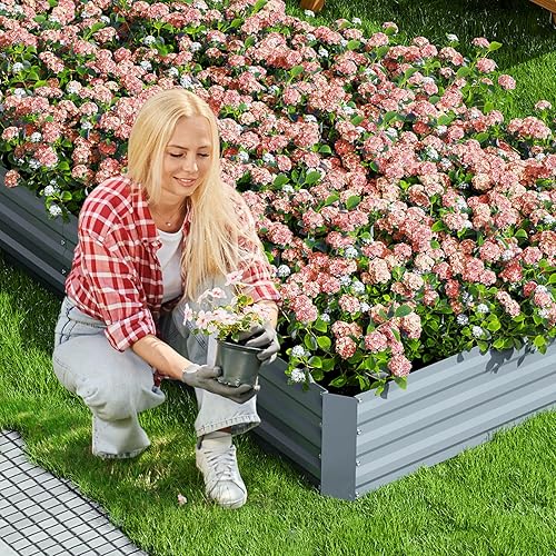 Miniatura 4 de Magshion Cama de jardín elevada, caja de jardinería galvanizada de 8 x 4 x 1 pies, diseño inferior abierto para verduras, flores y hierbas elevadas