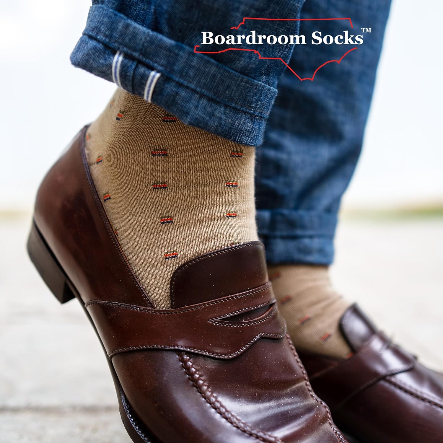 BoardroomSocks Merino Wool Mid-Calf Patterned Socks, Dress Socks for Men, Khaki with Colorful Squares - Image 5